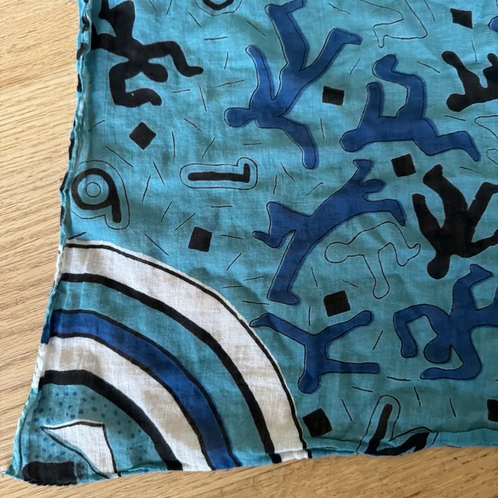 Keith Haring-style dancing figures and alphabet letter pattern Scarf Blue Art